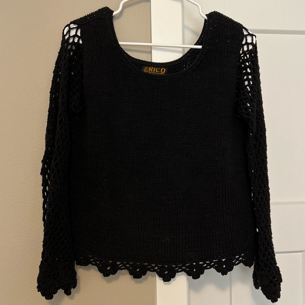 Black Crew Neck Sweater with Open-Knit Design